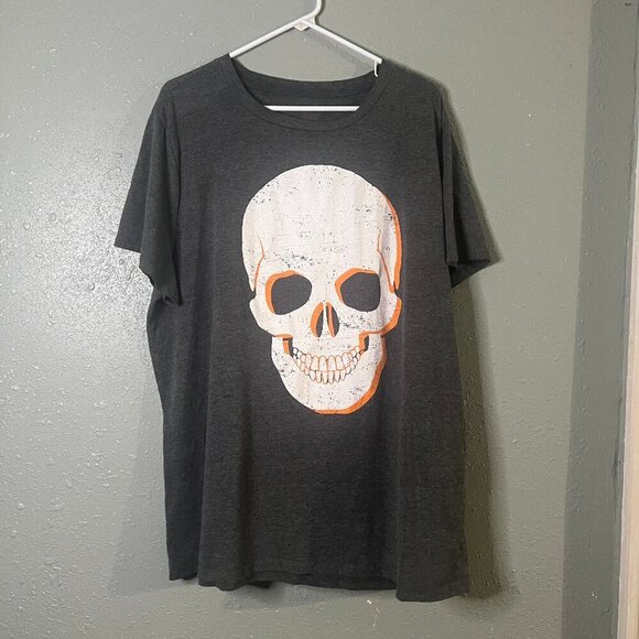 Grey 2XL Skull T shirt White and Orange Skull Emo Goth Halloween Retro Unisex - Picture 1 of 5